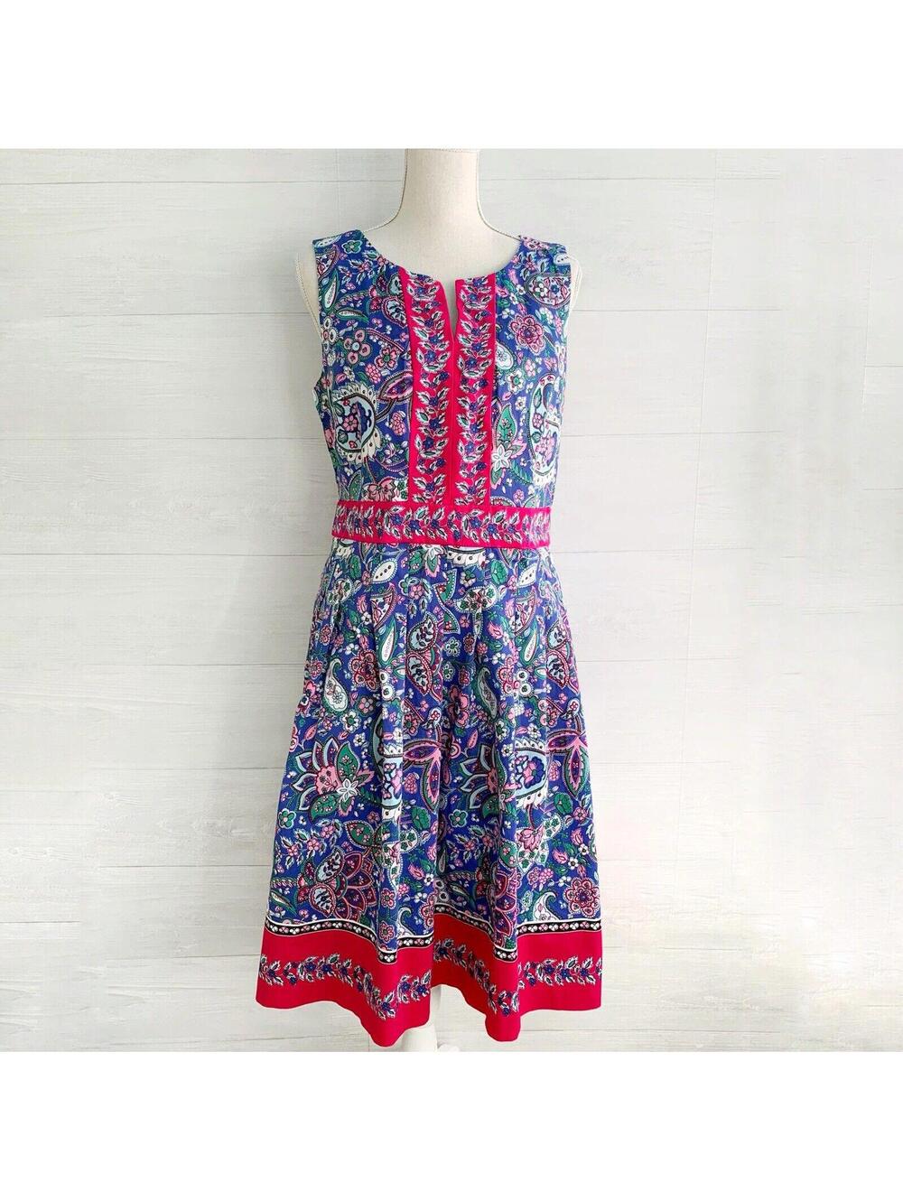 Talbots Blue Pink Paisley Floral Cotton Fit Flare Dress Size 12 Sleeveless